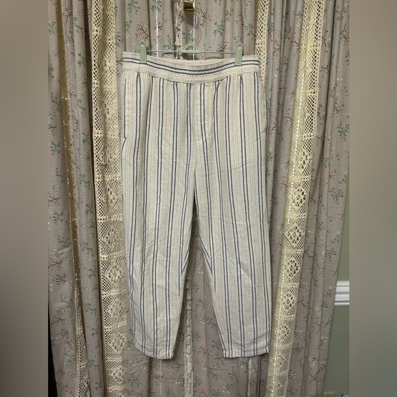 Zara Pants - Zara White Tan Striped Cotton Pull On Pants w/ Pockets Boho Size Medium